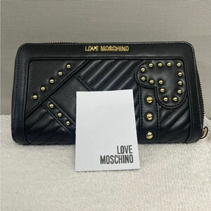 Love Moschino Black Zip Wallet Gold Heart Studs Quilted NWT